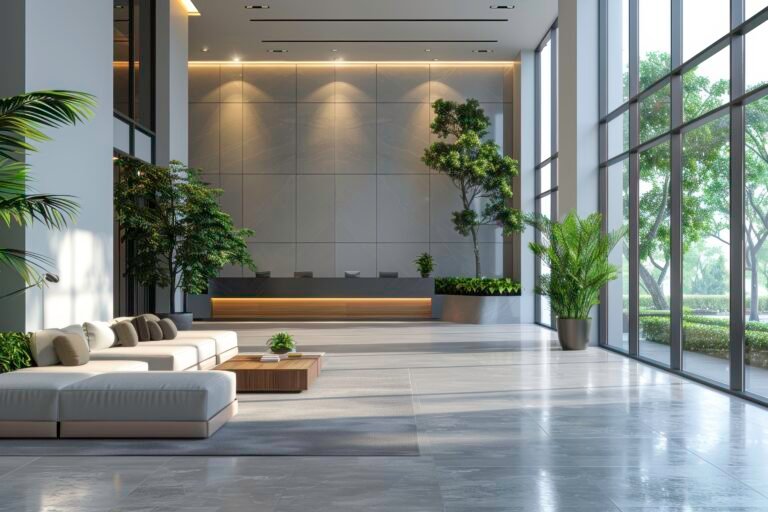 Modern lobby with large windows, greenery, and stylish seating. Perfect for showcasing contemporary interior designs